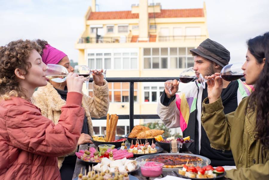 Friends around a rooftop table